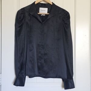 FRAME 100% Silk Black Puff Sleeve Blouse Collared XS Noir Luxury Top
